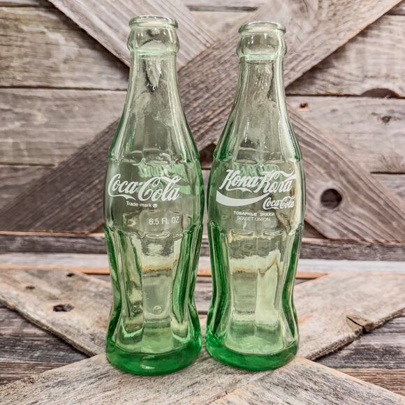 1980’s -1990’s Vintage Green Glass Coca-Cola Bottles From Soviet Union, Set of 2 - Picture 2 of 4